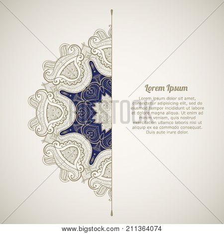 Greeting card in oriental style. Template of greeting card or invitation with ethnic ornament. Oriental pattern. Round lacy pattern. Beautiful Mandala.