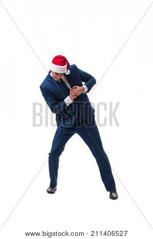 Young busnessman wearing santa hat in christmas concept on white