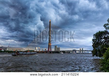 Big Suspension bridge with dark cloud / Rama 8 bridge with dark cloud before raining