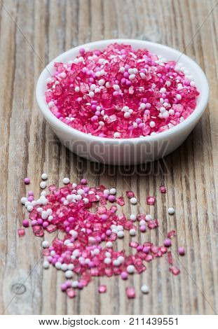 Sugar Crystals Baking Deoration In Bowl On Wood