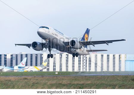 LANGENHAGEN / GERMANY - OCTOBER 28 2017: Airbus A319-100 from airline Lufthansa takes off from international airport Langenhagen / Hanover.