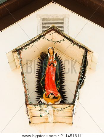 Guadalupe shrine, catholic church, Shafter, Texas with Christmas lights