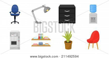 Interior of the workplace icons in set collection for design.Office furniture vector symbol stock  illustration.