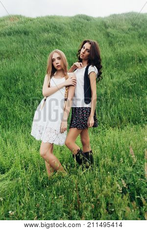 Two Girlfriends Blonde Woman In Hippie Style. Scandinavian Girls