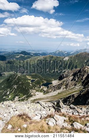 part of Western Taters named Rohace with peaks and lakes from hiking trail near Tri kopy peak in Slovakia