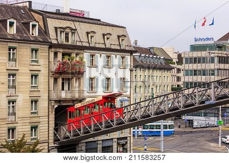 Zurich, Switzerland - 25 September, 2017: the Polybahn funicular railway. The Polybahn, also known as the UBS Polybahn, is a funicular railway in the city of Zurich, connecting Central square with the terrace by the main building of the ETH.
