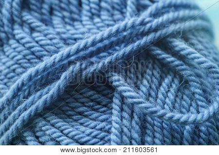 Wool yarns for knitting. Close-up Blue color