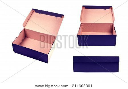 Different point of view of blank box with lid on white background. Closed and opened shipping cardboard box