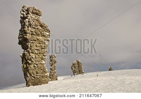 Manpupuner rock formations. Giant rocks at the Manpupuner Plateau, Northern Ural. One of the seven wonders of Russia