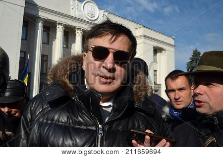 Former President of Georgia and leader of Ukrainian opposition Mikheil Saakashvili keeping speech during anti-corruption meeting near parliament of Ukraine. 
Kiev,Ukraine.October 25, 2017