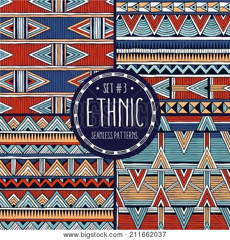 Multicolo ethnic backgrounds collection. Set of 4 modern abstract seamless backgrounds. All patterns are available under the clipping mask. EPS10 vector illustration.
