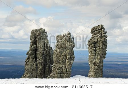 Manpupuner rock formations. Giant rocks at the Manpupuner Plateau, Northern Ural. One of the seven wonders of Russia