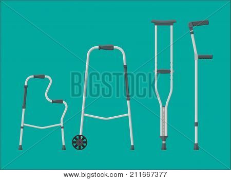 Set of mobility aids. Walker, crutches, quad cane, forearm crutches. Goods for disabled people. Healthcare, hospital and medical diagnostics. Vector illustration in flat style