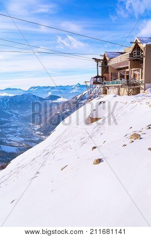 Cable Car from Chamonix to the summit of the Aiguille du Midi and lift station high in the mountains Chamonix, France.