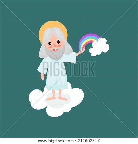 Creator cartoon character in action on white cloud. Smiling god creating a rainbow. Heaven working days. Almighty bearded man. The Divine Being. Vector illustration for book, card, poster or badge.