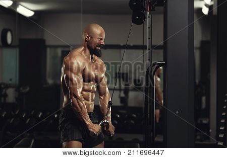 hot of a bearded bald male bodybuilder with stunning strong ripped torso doing tricep pushdowns at the gym arms sexy hot stunning perfect flawless masculine strong brutal energetic concept.
