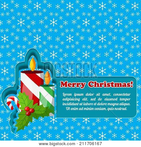 Merry christmas holiday postcard with mistletoe candles candy cane and text field on snowflakes blue background flat vector illustration