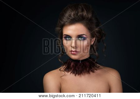 Beautiful Woman Wearing Choker Made From Feathers