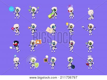 Set Of Cute Robots Icons Isolated On Blue Background Modern Technology Artificial Intelligence Concept Vector Illustration