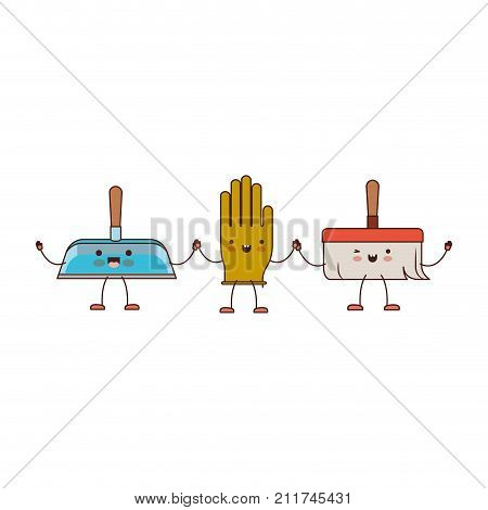 kawaii cartoon hand broom and glove and hand dustpan holding hands in colorful silhouette vector illustration