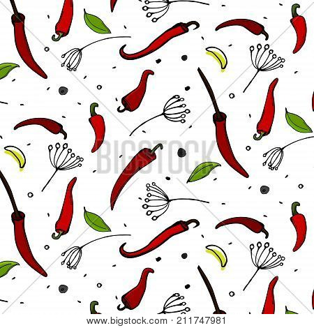 Vector kitchen pepper flavor texture with fennel and leaves. Cool tasty paprika hot chili vegetables. Spicy delicious table cloth cover. Cooking Mexican seasoning aroma print