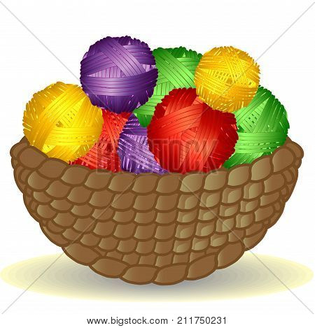 Basket From The Vine Without A Handle Full Of Coils Of Multicolored Yarn, Thread