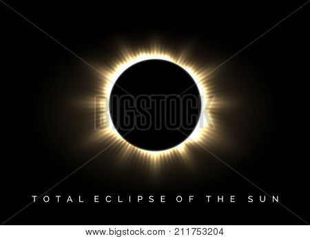 Total eclipse of the sun poster. Darkness and solar corona glow in universe vector background