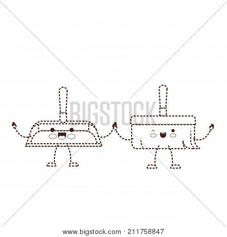 kawaii cartoon hand broom and hand dustpan holding hands in brown dotted silhouette vector illustration