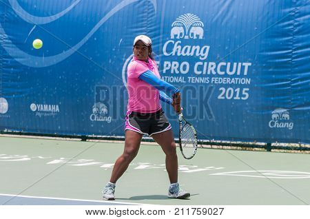 BANGKOK MAY 27 : Snehadevi S Reddy of India action in Chang ITF Pro Circuit 4 International Tennis Federation 2015 on WS main draw at Rama Gardens Hotel on May 27 2015 in Bangkok Thailand.