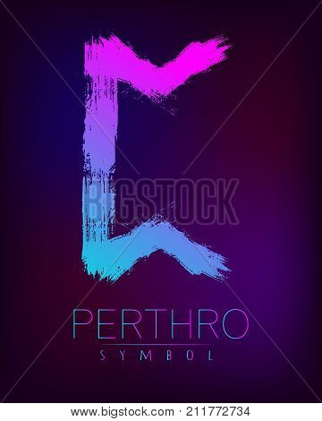 Rune Scandinavia is a Perthro riches vector illustration. Symbol of Futhark letters. Brush stripes with trend gradient blue pink color on blur dark background. Magic and mystery sign. Spiritual.