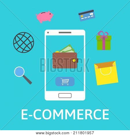 E-commerce concept. Online wallet. Smartphone with shopping icons. Online payment. Flat design vector illustration on blue background.