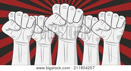 Human hands up on the retro background. Revolution vector illustration
