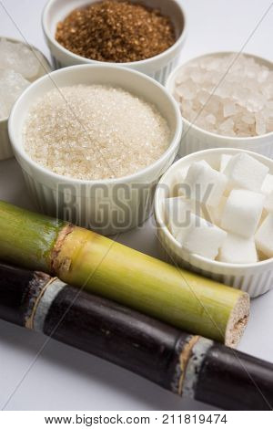 Rock Sugar Crystal And Cane - Group Photo Of Variety Of Sugar Which Is A By-products Of Cane Or Gann