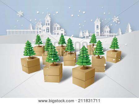Merry Christmas and Happy new Year Christmas tree on gift box Paper art and craft style.