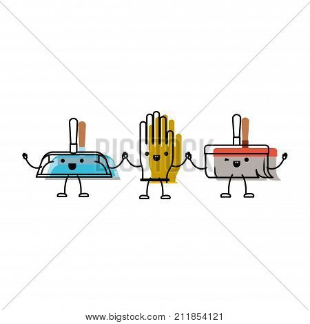 kawaii cartoon hand broom and glove and hand dustpan holding hands in colorful watercolor silhouette vector illustration