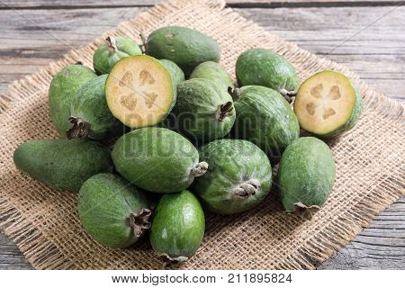 Tropical fruit feijoa . Healthy vegetarian food