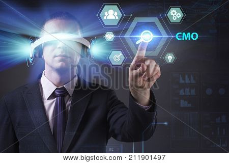 Business, Technology, Internet And Network Concept. Young Businessman Working In Virtual Reality Gla