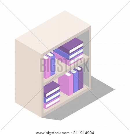 bookcase with shelves. The book stacks on the shelves in isometric view. standing and lying in the stacks of books on the shelves. Vector illustration isolated from background
