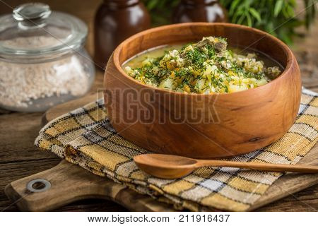 Soup With Barley And Chicken Gizzards.