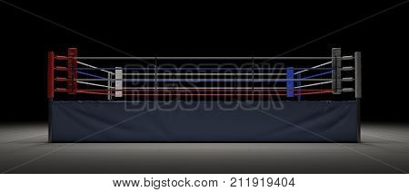 3d rendering of an empty boxing ring in the dark with its center spotlighted. Show night. Boxing match. Late night fighting competition.