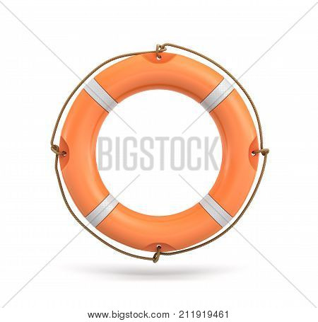 3d rendering of a single isolated orange life buoy hanging over a white background. Life savior. Emergency equipment. Last life line.