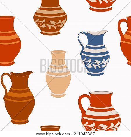 Seamless pattern from ceramic crockery. Collection jugs in different variation. Rustic pottery utensils, colorful vector illustration for your design. Square location.