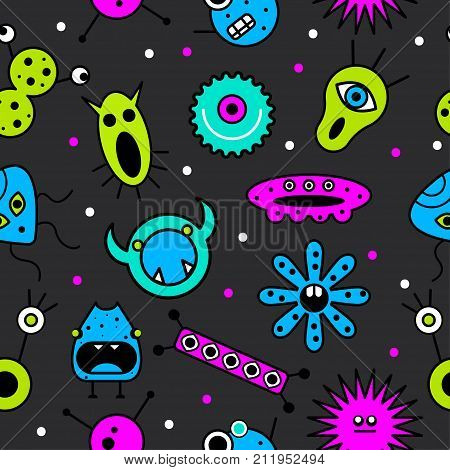 Seamless pattern monsters. Background microbes viruses bacteria. Funny characters Stock vector