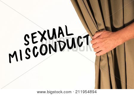 The words Sexual Misconduct being revealed from behind a curtain