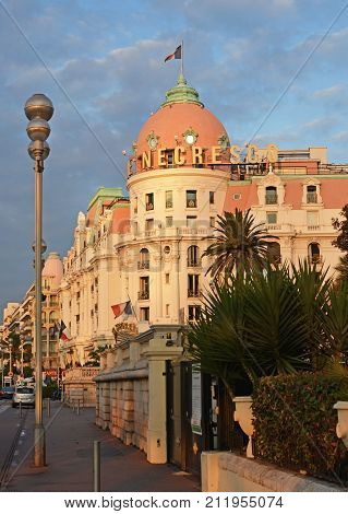 Nice France - October 04 2017: Famous luxury Hotel Negresco at Sunrise on the Promenade des Anglais Nice France.