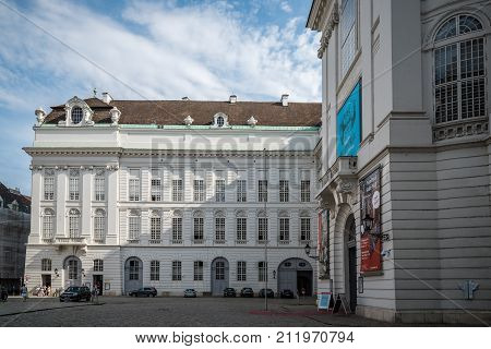 Vienna,  Austria - August 16, 2017:  National Library of Austria in Josefsplatz in Vienna in front of Hofburg Palace