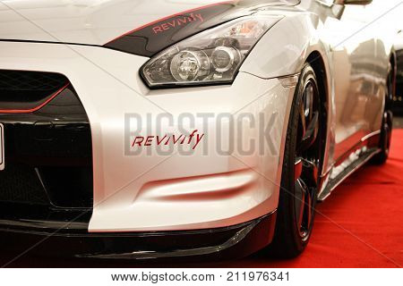 KUALA LUMPUR MALAYSIA - OCTOBER 28 2017. a close up shot of front bumper nissan GTR at Velocity motor show 2017