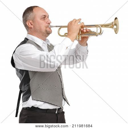 A man in a gray waistcoat and a white shirt playing on a pipe on a white isolated background turned to the right
