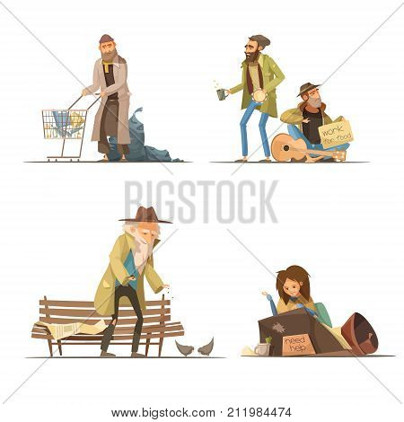 Homeless people compositions with trash elderly person woman at street men working for food isolated vector illustration