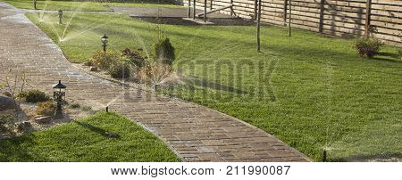 A rotating sprinkler spraying a water into the backyard.